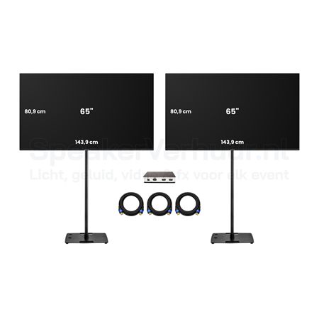 2x 65 Inch TV Scherm Set Zwart Huren | Professionele Displays | SpeakerVerhuur.nl 2x 65 inch TV scherm set op zwarte standaarden huren voor presentaties, beurzen, evenementen en vergaderingen