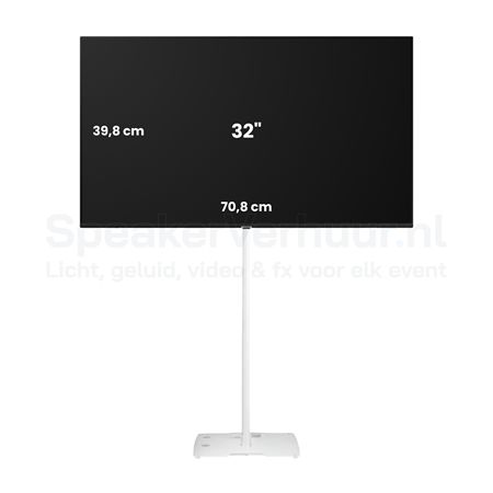 32 Inch TV Scherm op Wit Standaard Huren | Professioneel Display | SpeakerVerhuur.nl 32 inch TV scherm op witte standaard huren voor presentaties, beurzen, evenementen, vergaderingen en digital signage