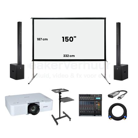 Beamer met Projectiescherm en Geluid Huren | 150 Inch | 6200 Lumen | SpeakerVerhuur.nl Beamer met 150 inch projectiescherm en geluid huren inclusief 6200 lumen projector voor presentaties, films, evenementen en zakelijke bijeenkomsten