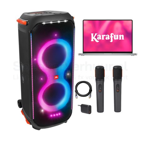 JBL PartyBox karaoke set met KaraFun MacBook voor 50 personen huren inclusief aansluiting op een TV-scherm en draadloze microfoons