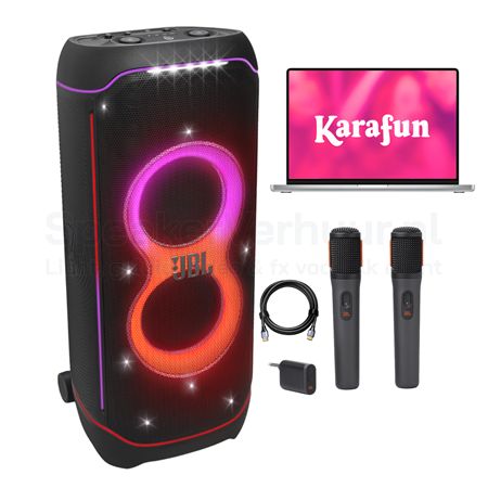 JBL PartyBox karaoke set met KaraFun MacBook voor 75 personen huren inclusief aansluiting op een TV-scherm en draadloze microfoons