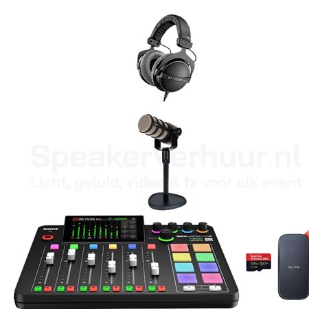 Podcast set voor 1 persoon met Rode PodMic huren inclusief professionele microfoon, audio-interface en accessoires voor hoogwaardige opnames