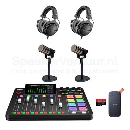 Podcast set voor 2 personen met Rode PodMic huren inclusief professionele microfoons, audio-interface en accessoires voor hoogwaardige opnames