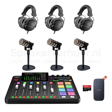 Podcast set voor 3 personen met Rode PodMic huren inclusief professionele microfoons, audio-interface en accessoires voor hoogwaardige opnames