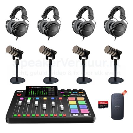 Podcast set voor 4 personen met Rode PodMic huren inclusief professionele microfoons, audio-interface en accessoires voor hoogwaardige opnames