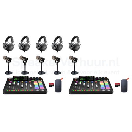 Podcast Set 5 Personen Rode PodMic Huren | 2x RodeCaster Pro II | SpeakerVerhuur.nl Podcast set voor 5 personen met Rode PodMic huren inclusief 2x RodeCaster Pro II, professionele microfoons en accessoires voor hoogwaardige opnames