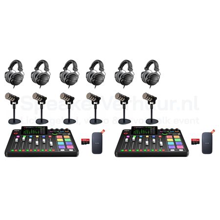 Podcast Set 6 Personen Rode PodMic Huren | 2x RodeCaster Pro II | SpeakerVerhuur.nl Podcast set voor 6 personen met Rode PodMic huren inclusief 2x RodeCaster Pro II, professionele microfoons en accessoires voor hoogwaardige opnames