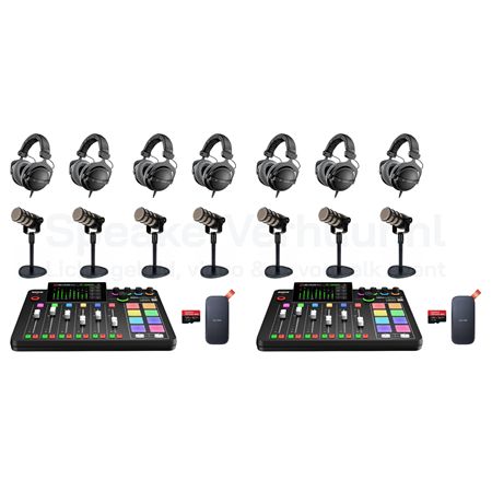 Podcast Set 7 Personen Rode PodMic Huren | 2x RodeCaster Pro II | SpeakerVerhuur.nl Podcast set voor 7 personen met Rode PodMic huren inclusief 2x RodeCaster Pro II, professionele microfoons en accessoires voor hoogwaardige opnames