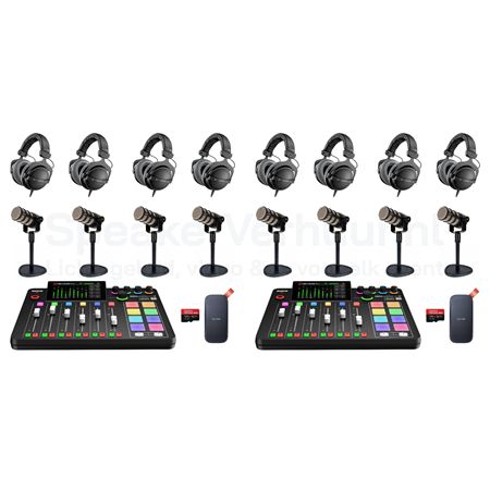 Podcast Set 8 Personen Rode PodMic Huren | 2x RodeCaster Pro II | SpeakerVerhuur.nl Podcast set voor 8 personen met Rode PodMic huren inclusief 2x RodeCaster Pro II, professionele microfoons en accessoires voor hoogwaardige opnames