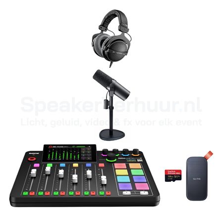Podcast set Pro voor 1 persoon huren met professionele microfoon, audio-interface en accessoires voor hoogwaardige opnames