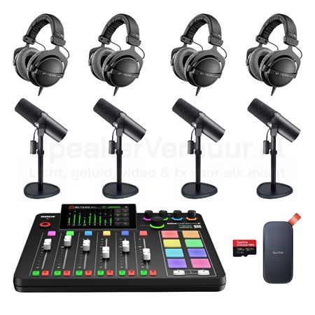 Podcast set Pro voor 4 personen huren met professionele microfoons, audio-interface en accessoires voor hoogwaardige opnames