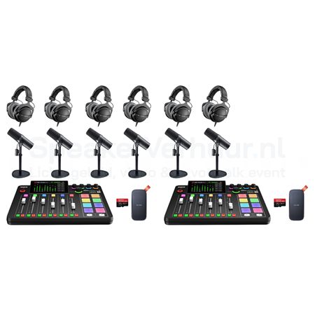 Podcast Set Pro 7 Personen Huren | Professionele Podcast Apparatuur | SpeakerVerhuur.nl Podcast set Pro voor 7 personen huren met professionele microfoons, audio-interface en accessoires voor hoogwaardige opnames