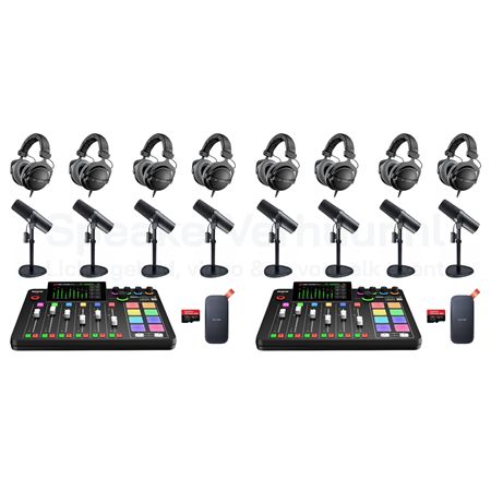 Podcast Set Pro 8 Personen Huren | Professionele Podcast Apparatuur | SpeakerVerhuur.nl Podcast set Pro voor 8 personen huren met professionele microfoons, audio-interface en accessoires voor hoogwaardige opnames