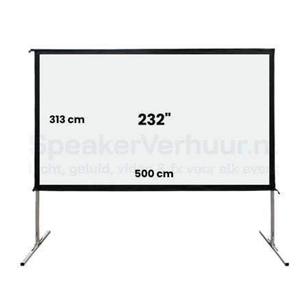 Projectiescherm 232 inch (16:10) huren | SpeakerVerhuur.nl Projectiescherm van 232 inch in 16:10-formaat huren voor presentaties, congressen, beurzen, evenementen en grote projecties.