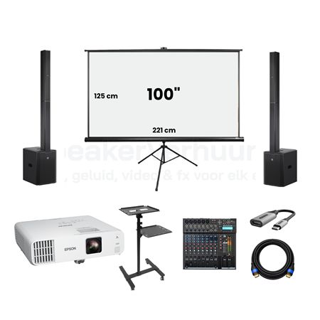 Beamer met Projectiescherm en Geluid Huren | 100 Inch | 4500 Lumen | SpeakerVerhuur.nl Beamer met 100 inch projectiescherm en geluid huren inclusief 4500 lumen projector voor presentaties, films, evenementen en zakelijke bijeenkomsten