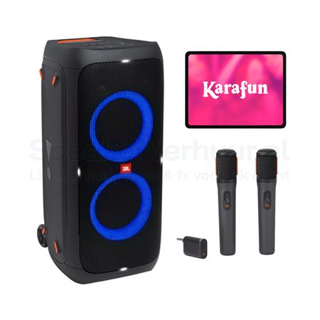 JBL PartyBox Karaoke Set met KaraFun iPad 25 Personen Huren | Complete Karaoke Set | SpeakerVerhuur.nl JBL PartyBox karaoke set met KaraFun iPad voor 25 personen huren inclusief draadloze microfoons voor feesten, verjaardagen en evenementen