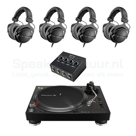 Vinyl Platenspeler Luisterset 4 Personen Huren | Complete Vinyl Luisterset | SpeakerVerhuur.nl Vinyl platenspeler luisterset voor 4 personen huren inclusief draaitafel, koptelefoons en hoogwaardige audioapparatuur
