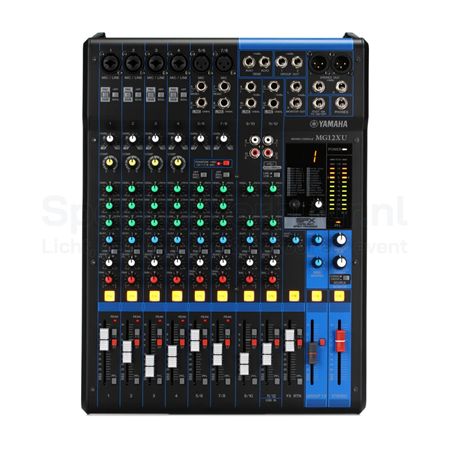 Yamaha MG12XU live mengpaneel huren met 12 kanalen, ingebouwde SPX-effecten, USB-audio-interface en professionele D-PRE microfoonvoorversterkers voor live geluid, evenementen en opnames.